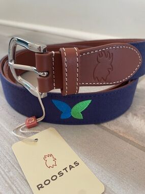 NWT Roostas Butterfly Embroidered Belt Blue Green Mens 42 Canvas Cotton Leather